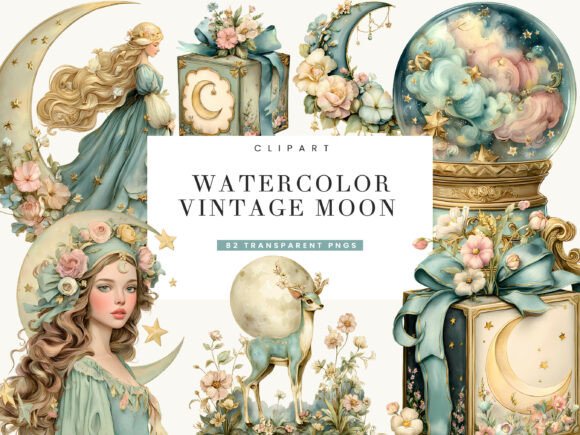 Download Watercolor Vintage Moon Clipart Bundle - Premium Bundle