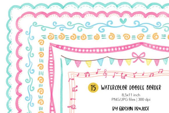 Download 15 Watercolor Doodle Border PNG JPG – Cu - Watercolor Collection